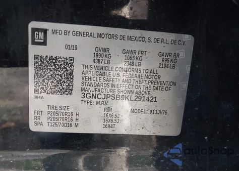 2019 Chevrolet Trax Lt из США, поврежденный, VIN 3GNCJPSB9KL291421